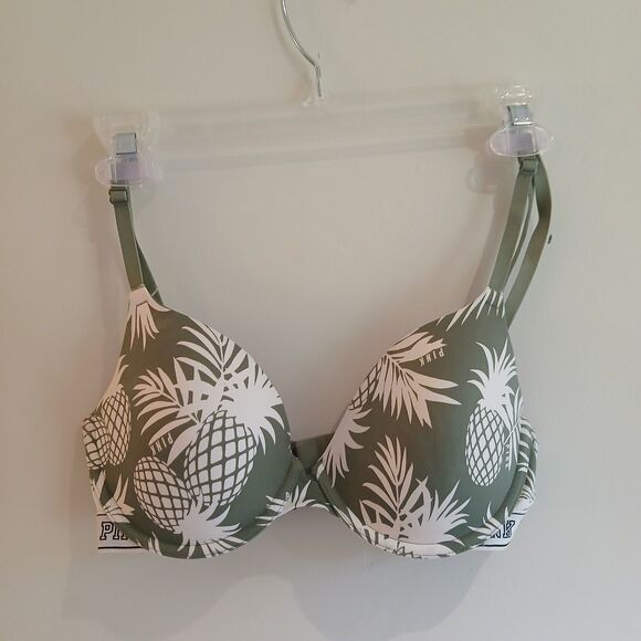 PINK Victoria's Secret Wear Everywhere T-Shirt Bra Size 32D Green Pinneaple - Picture 1 of 5